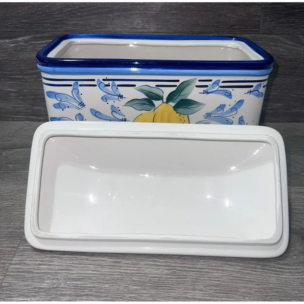 Vtg Stonelite Inspirado Blue White Lemon Design Bread/Biscotti Box Seattle USA